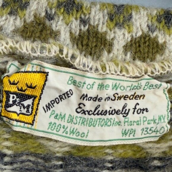 Vintage Swedish Wool Sweater Fair Isle Nordic Geometric Green Cream Pullover M - Picture 7 of 9